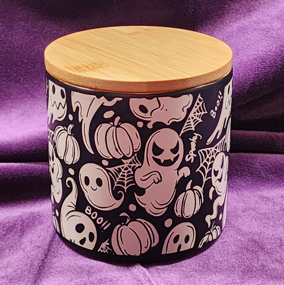 Ghost Canister Ceramic with Wooden Lid Halloween Kitchen Decor